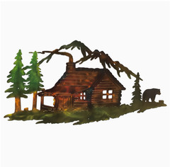 METAL WALL ART-Mountains and Cabin with Pine Trees and Bear, 16×8
