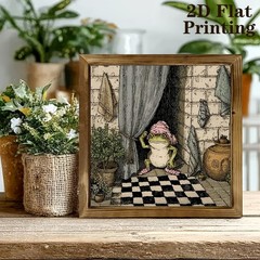 2D Floor Plan Rustic Farmhouse Frog Bathroom Art Vintage Wooden Wall Decoration