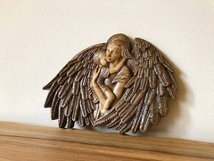 Beautiful Angel with baby, wooden carved, Baptism christian gift for child,