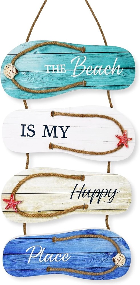 Wooden Flip Flop Beach Decor Sign Nautical Coastal Wood Wall Decor with Rope