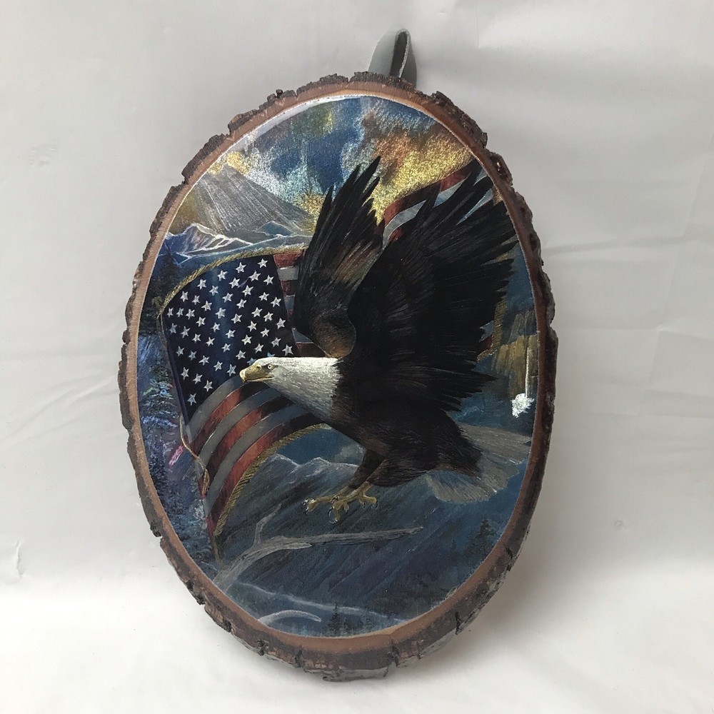 Bald Eagle American Flag Holographic Wood Slab Plaque Wall Art w Leather Hanger