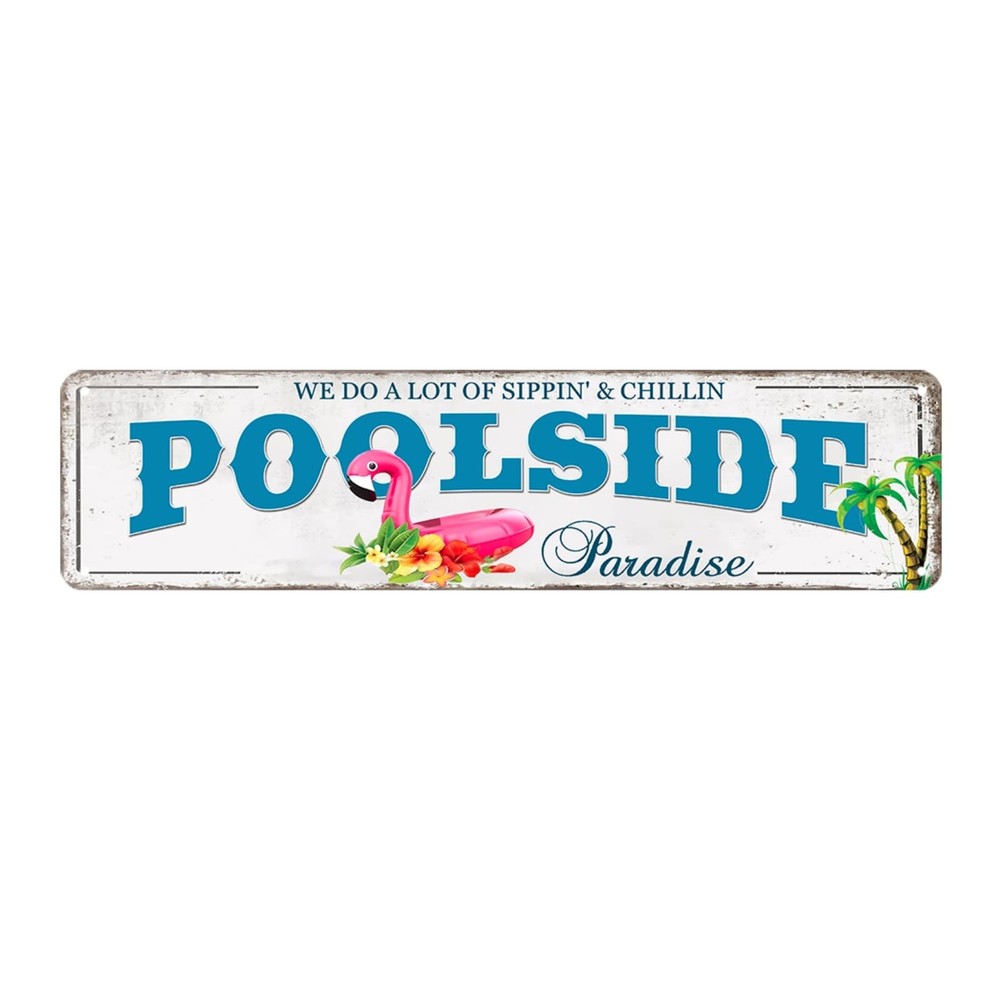 Rustic Tin Pool Sign Outdoor Patio Decor for Poolside and Backyard 4×16″
