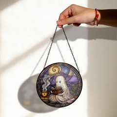 Ghost Reading Stained Glass Suncatcher, Cute Halloween Window Art