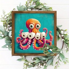 Funny Octopus Holding Toilet Paper Wooden Plaque Turquoise Bathroom Wall Decor