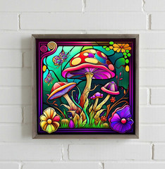 Psychedelic Mushroom Wood Framed Block Sign for Wall or Shelf 7.8 Inch Square