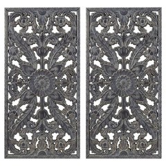 Pemberly Row MDF Botanical Panel Carved Wall Panel in Blue (Set of 2)