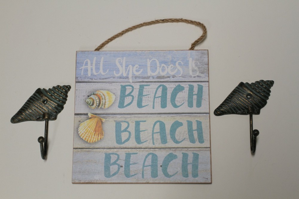 Seashell Beach Sign Gift Set For Mom Coastal Beach Plaque / Seashell Wall Hooks
