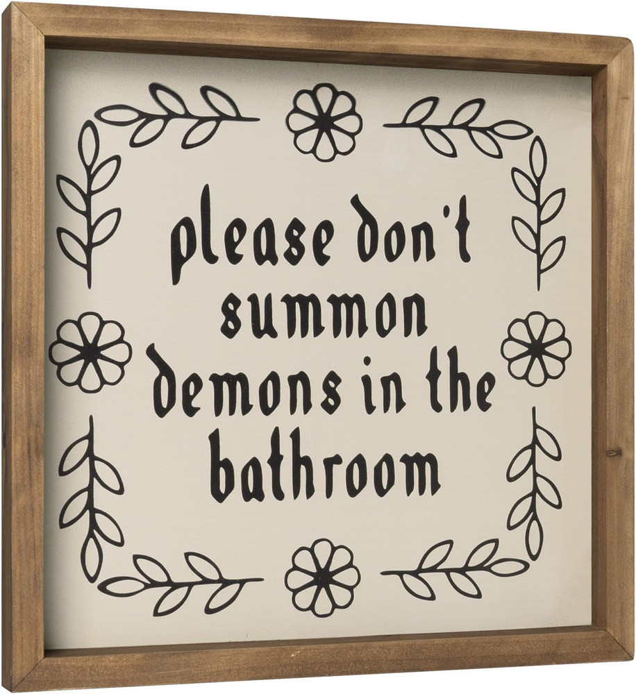 11.8″ Please Don’t Summon Demons In The Bathroom Sign, Wooden Bathroom Wall Deco