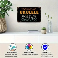 Distressed Black Metal Plaque Multi Color Cursive Ukulele Lover Home Gate Decor