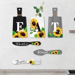 Set of 6 Sunflower Kitchen Decor Sets Eat Signs Fork and Spoon Wooden Wall Ha…