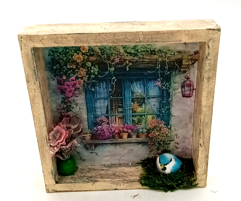 Handcrafted Spring Decor Small 6″ Shadow Box Window with Florals & Bird On Nest