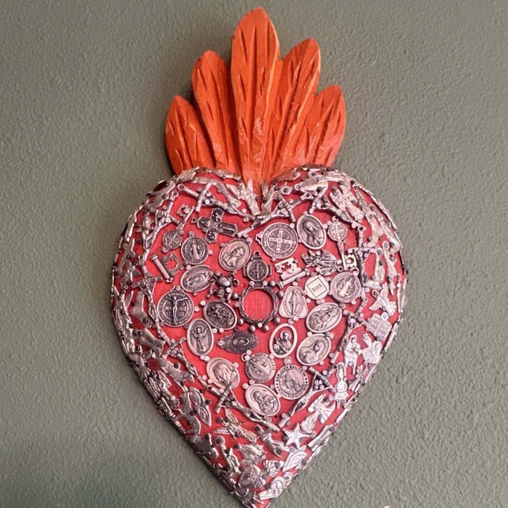 Vintage Mexican Folk Art Carved Wood Flaming Sacred Heart Milagros Medals