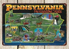 bath wall decor Pennsylvania The keystone state pictorial map metal tin sign