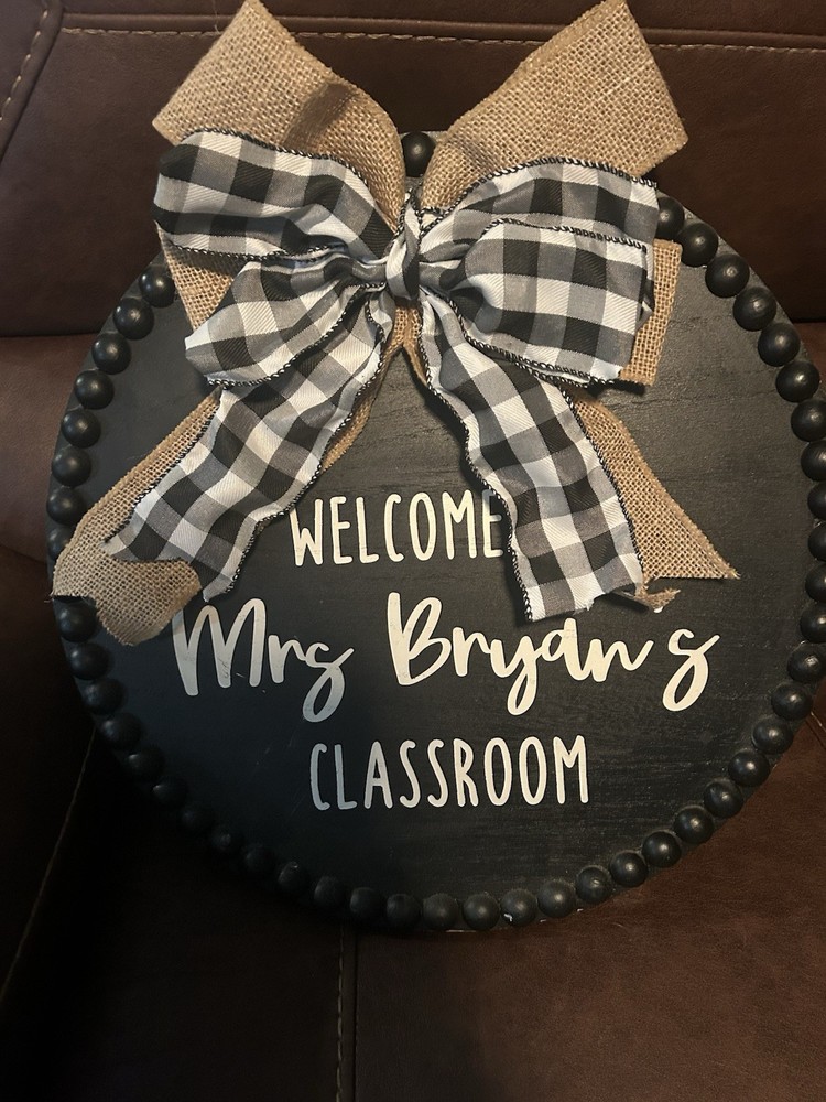 Handmade Welcome Teacher Classroom Round Wood Sign w/ Beads & Gingham Bow