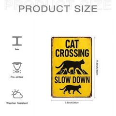 1PC 2D Flat 1PC Retro Cat Crossing Slow Metal Iron Tin Sign Wall Art Decoartion♪