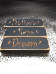 Engraved Wooden Block Signs Hope Believe Dream Navy w/Brown Rustic Set of 3