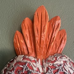 Vintage Mexican Folk Art Carved Wood Flaming Sacred Heart Milagros Medals
