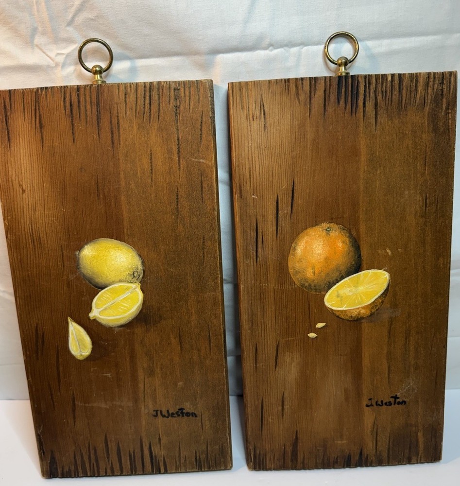 Vintage Fruit Wall Decor Plaques Lemon Orange Wood Kitchen Wall Art Set 2