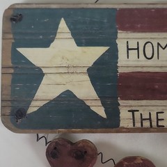 Wood Hanging Sign “Home Is Where The Heart Is” American Flag Hearts 9.5in