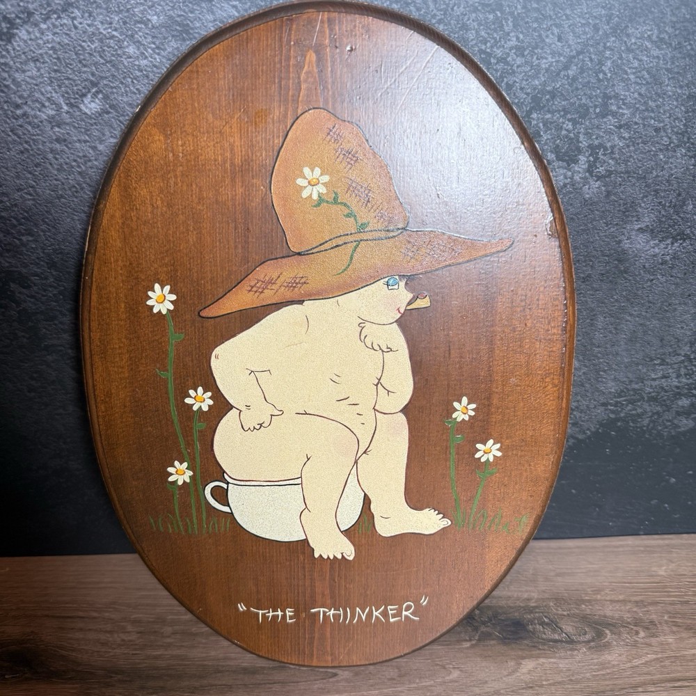 Hand Painted Wood Toilet Seat Lid Wall Plaque The Thinker Bathroom Folk Art