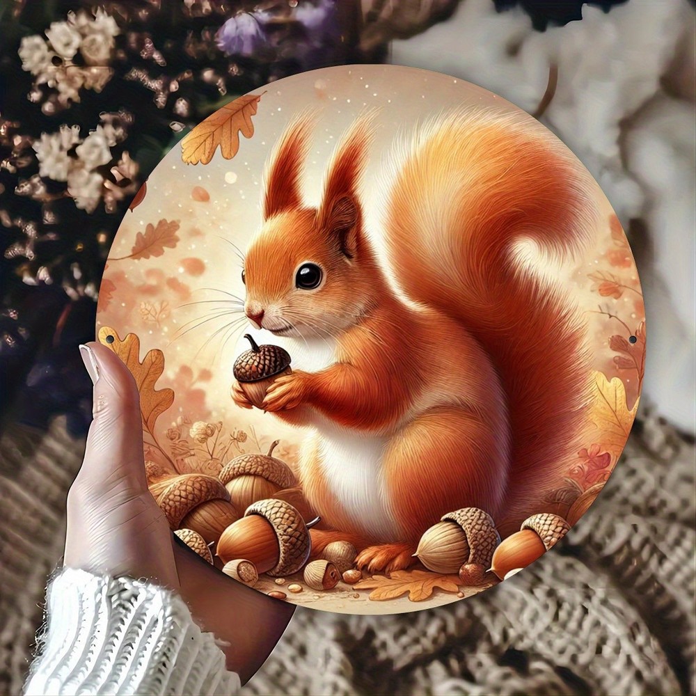 Autumn Squirrel Tin Metal Signs – 8×8 Inch Round Wall Decor for Bars, Ca
