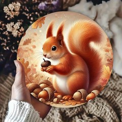 Autumn Squirrel Tin Metal Signs – 8×8 Inch Round Wall Decor for Bars, Ca