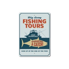 Fishing Tours Sign Fisherman Fish Catching Boat Decor Aluminum Metal Sign