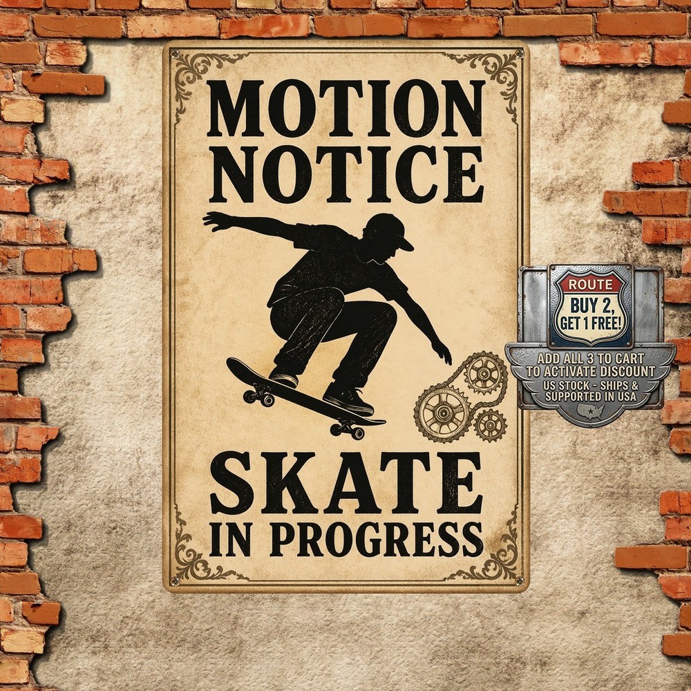 Skateboarder Silhouette Ornate Border Skate Warning Metal Wall Plaque