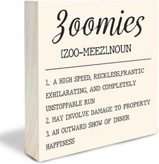 Dog Theme Wooden Block Sign – Zoomies – 4″X4″ Decorative Pine Wood Plaque, Home