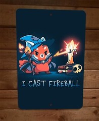 I Cast Fireball RPG Video Gamer Cat 8×12 Metal Wall Sign Poster