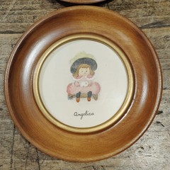 TWO Vintage Marian Foster Curtis? Round Wood Framed Girl Boy Wall Art