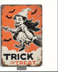 Halloween Metal Sign Vintage Reproduction 12 ” X 8″ Cartoon Witch Broom Bats