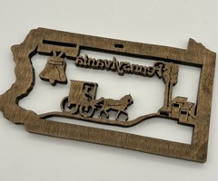 VTG Pennsylvania Carved Wood Scroll Art Plaque liberty bell Amish horse & buggy