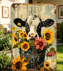 Vintage Cow & Sunflower Metal Sign Rustic Farmhouse Wall Decor Waterproof 8x12in
