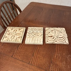 Wall Tiles/Plaque Floral Geometric Carved Decorative Cream Heavy Resin-Lot Of 3