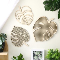 3 Pcs Wooden Rattan Palm Tree Wall Decor Monstera Leaf Wooden Boho Art Tropical