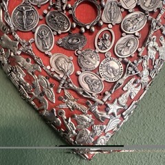 Vintage Mexican Folk Art Carved Wood Flaming Sacred Heart Milagros Medals