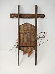 Primitive Decor Wall Hanging Wood Sled Rustic Farmhouse Berries Red Checkered