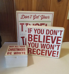 wood signs Christmas decor free standing 3 pce White wood Glitter 10″, 8″, 4.5″