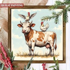 Spotted Cow With Two Chickens Farm Animal Wooden Plaque Rustic Country Decor