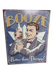 Vintage Look Metal Tin Sign “Booze Better Than Therapy” Retro Wall Art Decor