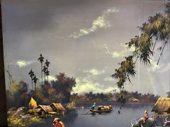 Vintage Vietnamese Lacquer Art Panel – Water Buffalo River Village Scene