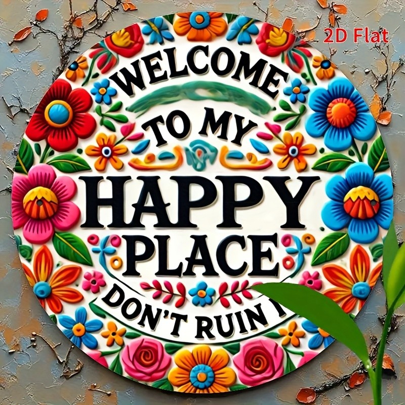 2D Flat, Printing, Country Style Tin Metal Signs 8x8in, ‘Welcome to My Happy Pla