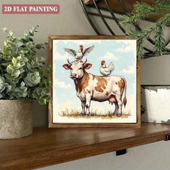 Spotted Cow With Two Chickens Farm Animal Wooden Plaque Rustic Country Decor