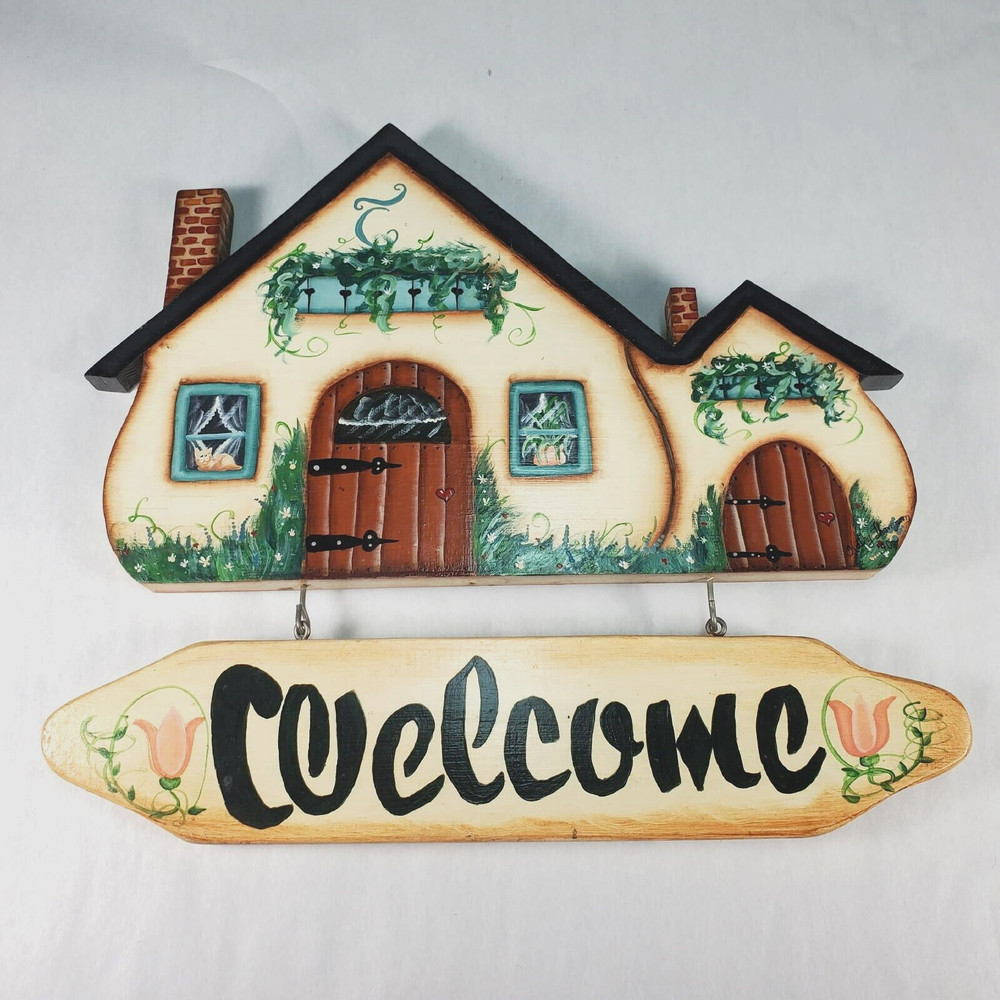 Wood Welcome Sign Cottage Style Indoor Outdoor 14.5″ x 16″ X 3/4″