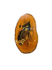 Hand Painted Raccoon Climbing Out of a Tree Log Wood Burning Art Signed & Dated