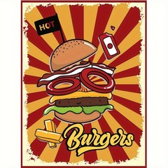 Hot Burgers Metal Sign Retro Fast Food Restaurant Kitchen Wall Hanging Decor