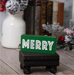 New* “Merry” Wood Block Sign Farmhouse Tier Tray Christmas Holiday Decor Winter