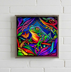 Psychedelic Frog Wood Framed Block Sign for Wall or Shelf 7.8 Inch Square