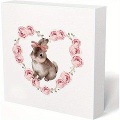 Spring Easter Themed Watercolor Bunny Rose Heart Wooden Box Sign Art Decoration